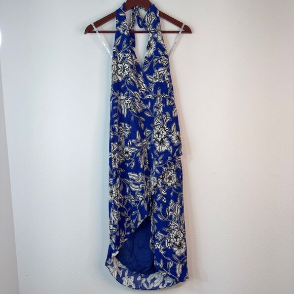 Bardot Petro Blue Tropical Floral Halter Dress Womens Small Boho Summer Vacation - Picture 1 of 10